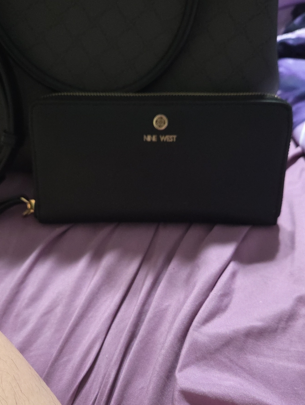 Nine West Black Zip Wallet with Gold Logo Detail